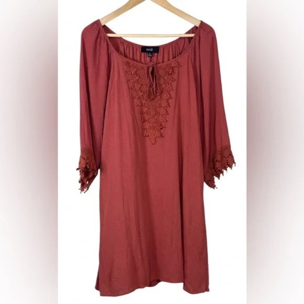 Anthropologie NAÏF Terracotta Embroidered Lace Cottagecore Shift Dress Small - Picture 2 of 9